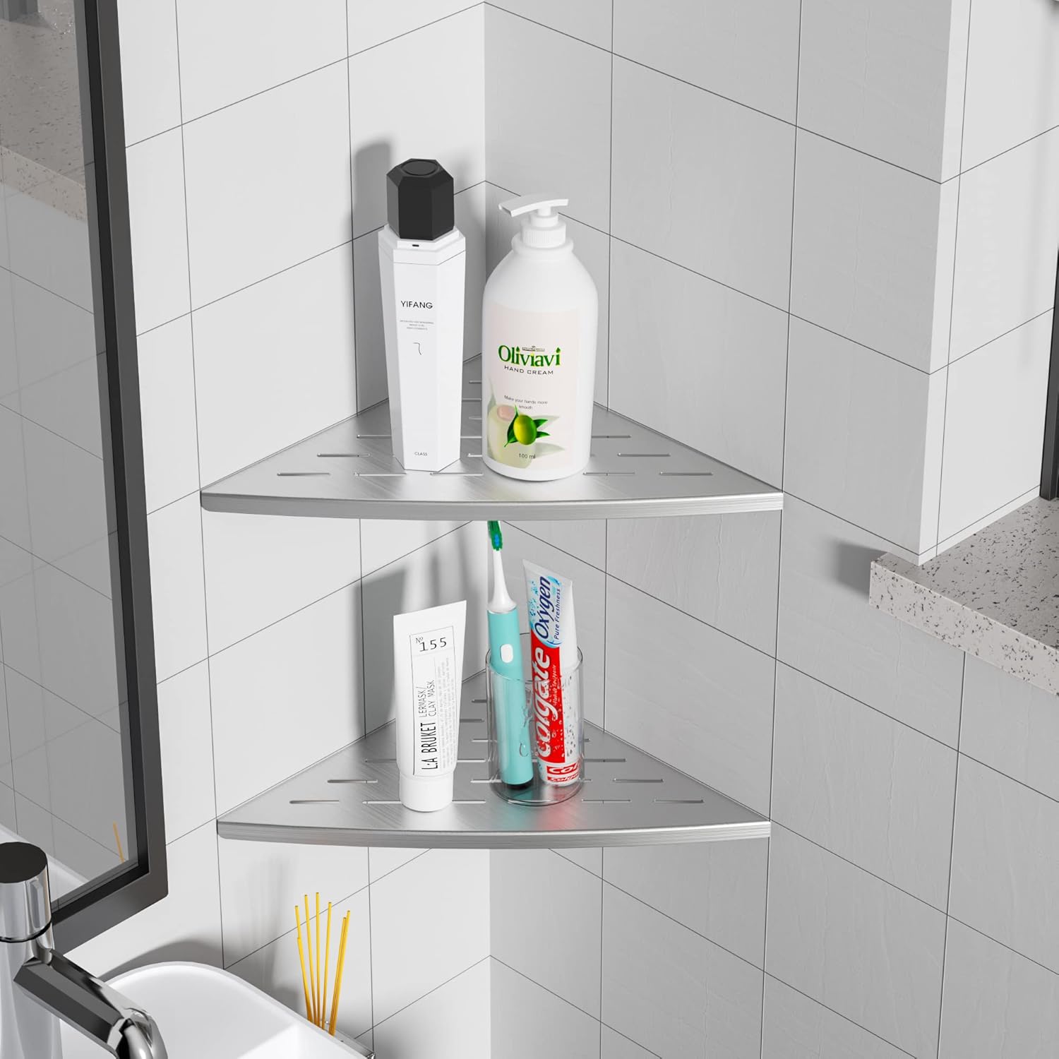 Estante esquinero de ducha de níquel cepillado, acero inoxidable 304 de 11.5 pulgadas, estante esquinero empotrado de baño para pared de azulejos,