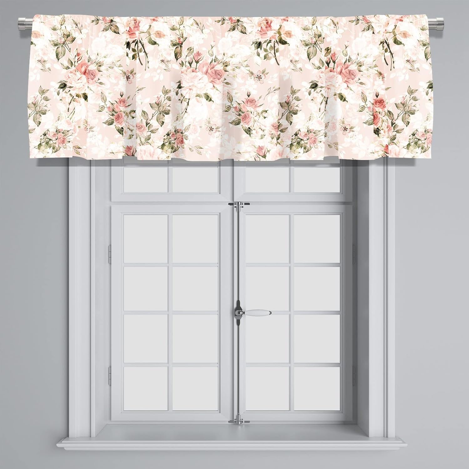 Cenefa de cortina corta opaca con botones de rosas y hojas de acuarela para decoración de cocina, dormitorio, 52 x 18 pulgadas, rosa cálido, 1 panel