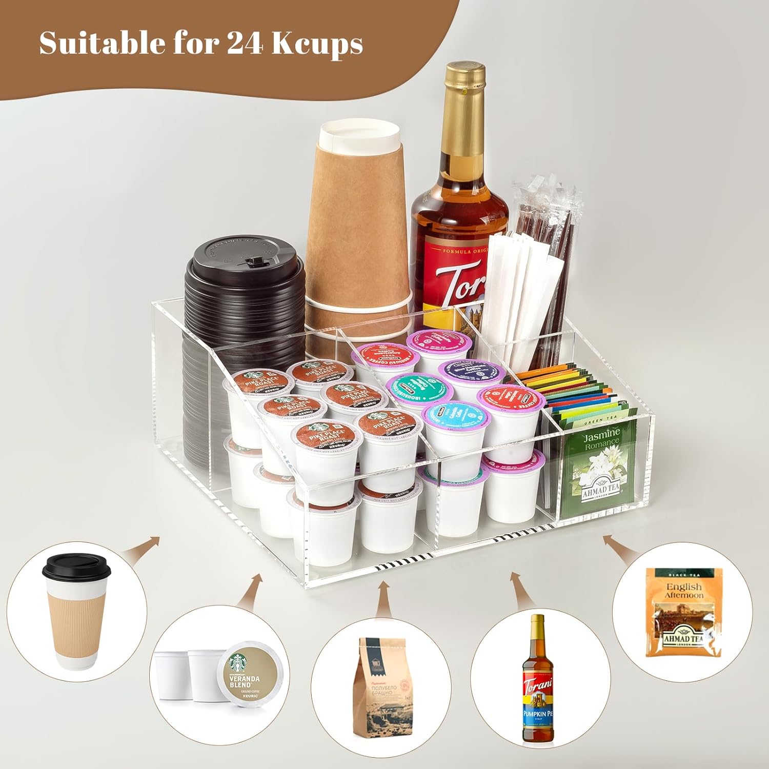BEYGORM Organizador de acrílico para barra de café para encimera, sala de descanso de oficina, accesorios de almacenamiento de aperitivos, soporte
