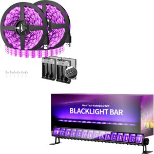 Barra de luz LED negra impermeable IP66 de 42 W + tira de luces negras de 16.4 pies, funciona con pilas para fiesta brillante, póster fluorescente, Barra de luz LED negra impermeable IP66 de 42 W + tira de luces negras de 16.4 pies, funciona con pilas para fiesta brillante, póster fluorescente,