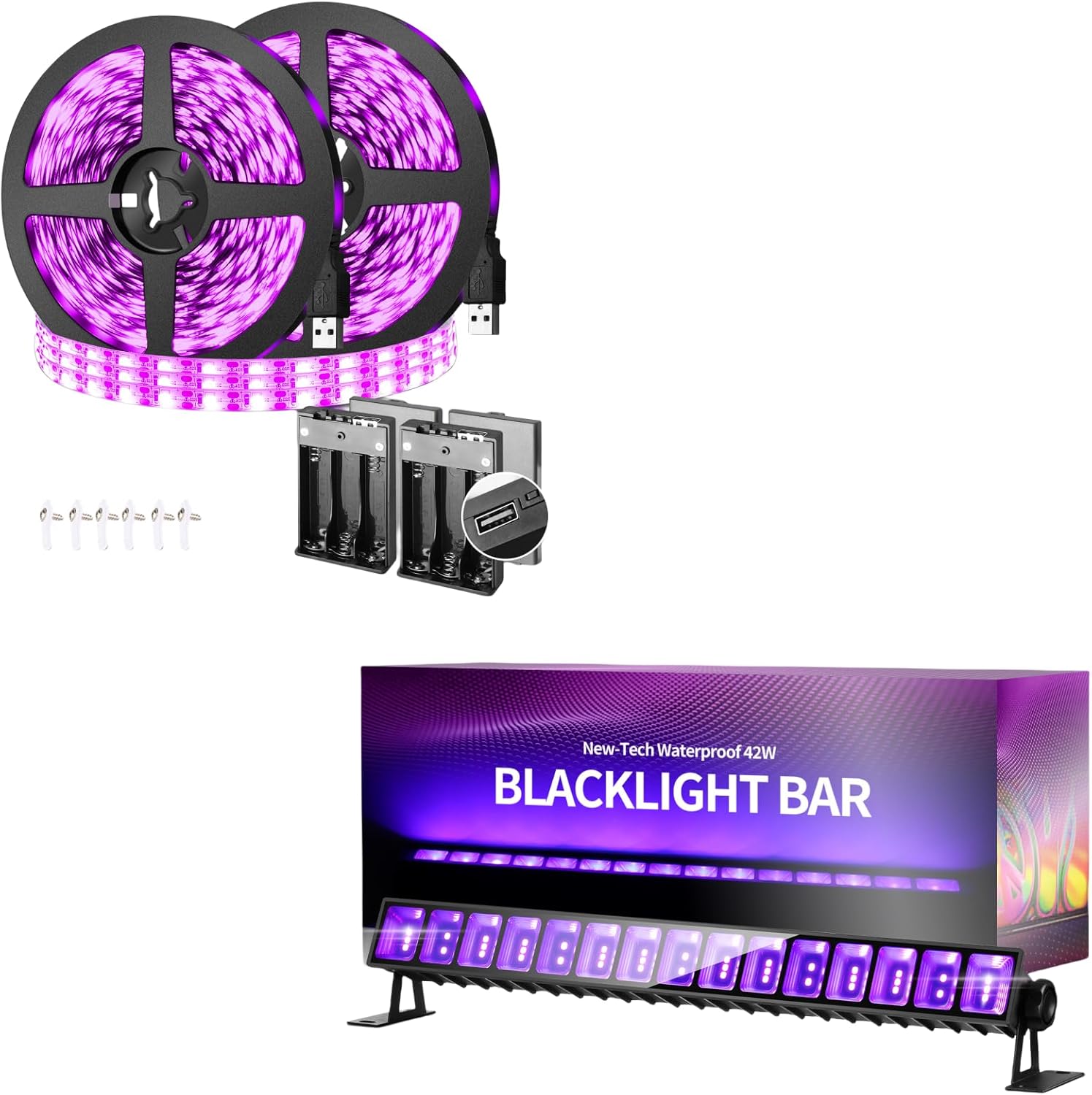 Barra de luz LED negra impermeable IP66 de 42 W + tira de luces negras de 16.4 pies, funciona con pilas para fiesta brillante, póster fluorescente,