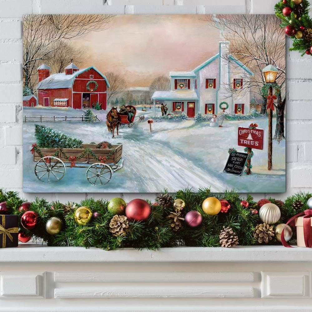 Renditions Gallery Arte de pared de granja de árbol de Navidad, escena de invierno campestre con granero rojo, decoraciones encantadoras, decoración