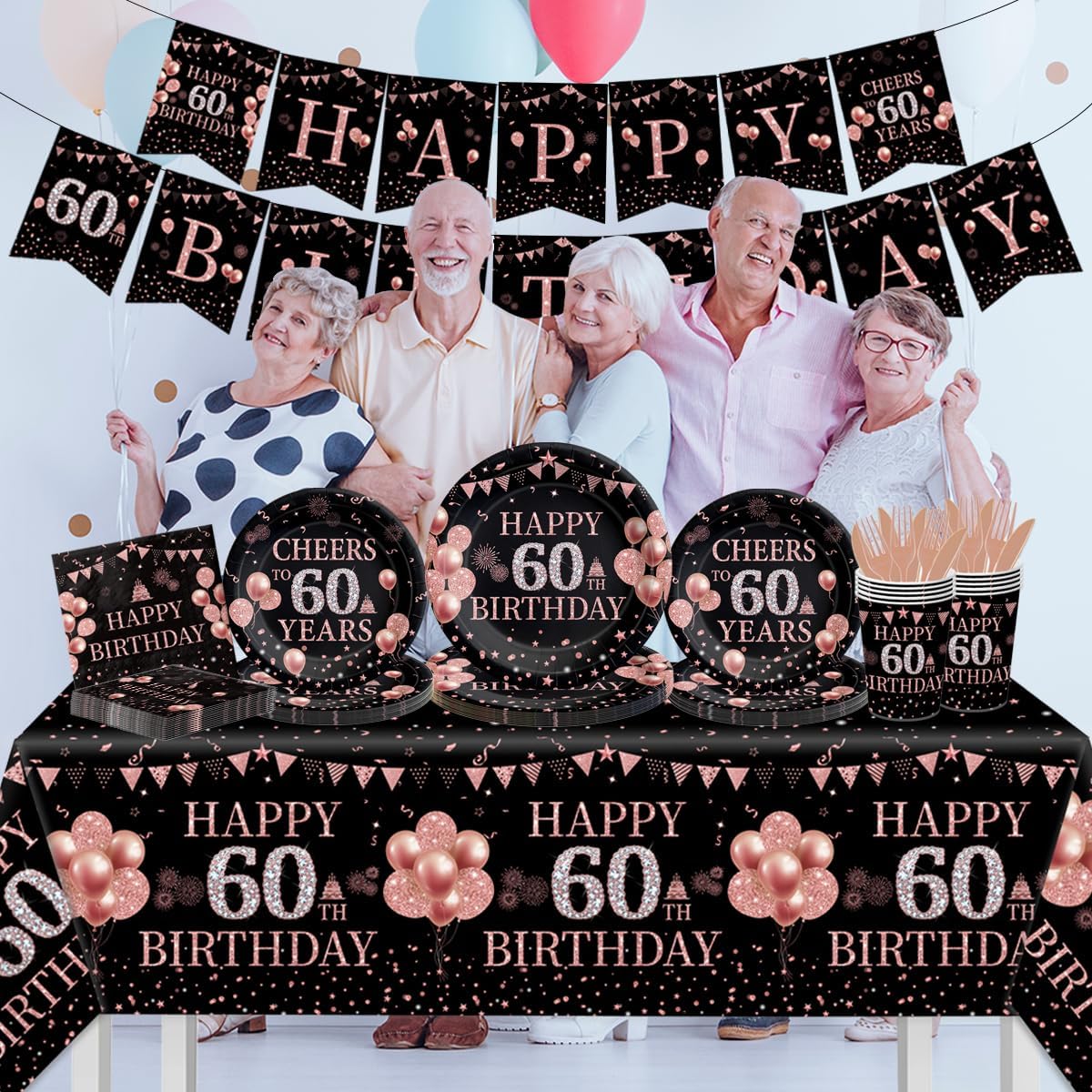 Juego de 142 platos y servilletas desechables de oro rosa para cumpleaños n. 60, para 20 invitados