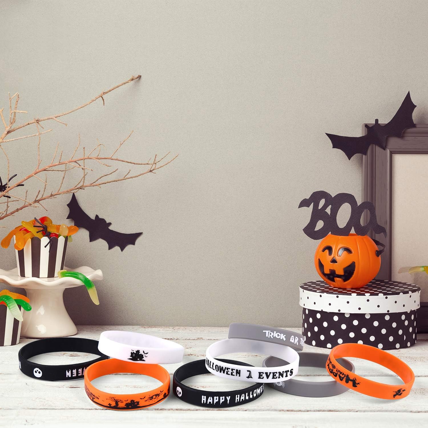FEPITO 70 paquetes de pulseras de silicona para Halloween, 7 patrones clásicos de Halloween, pulseras de goma