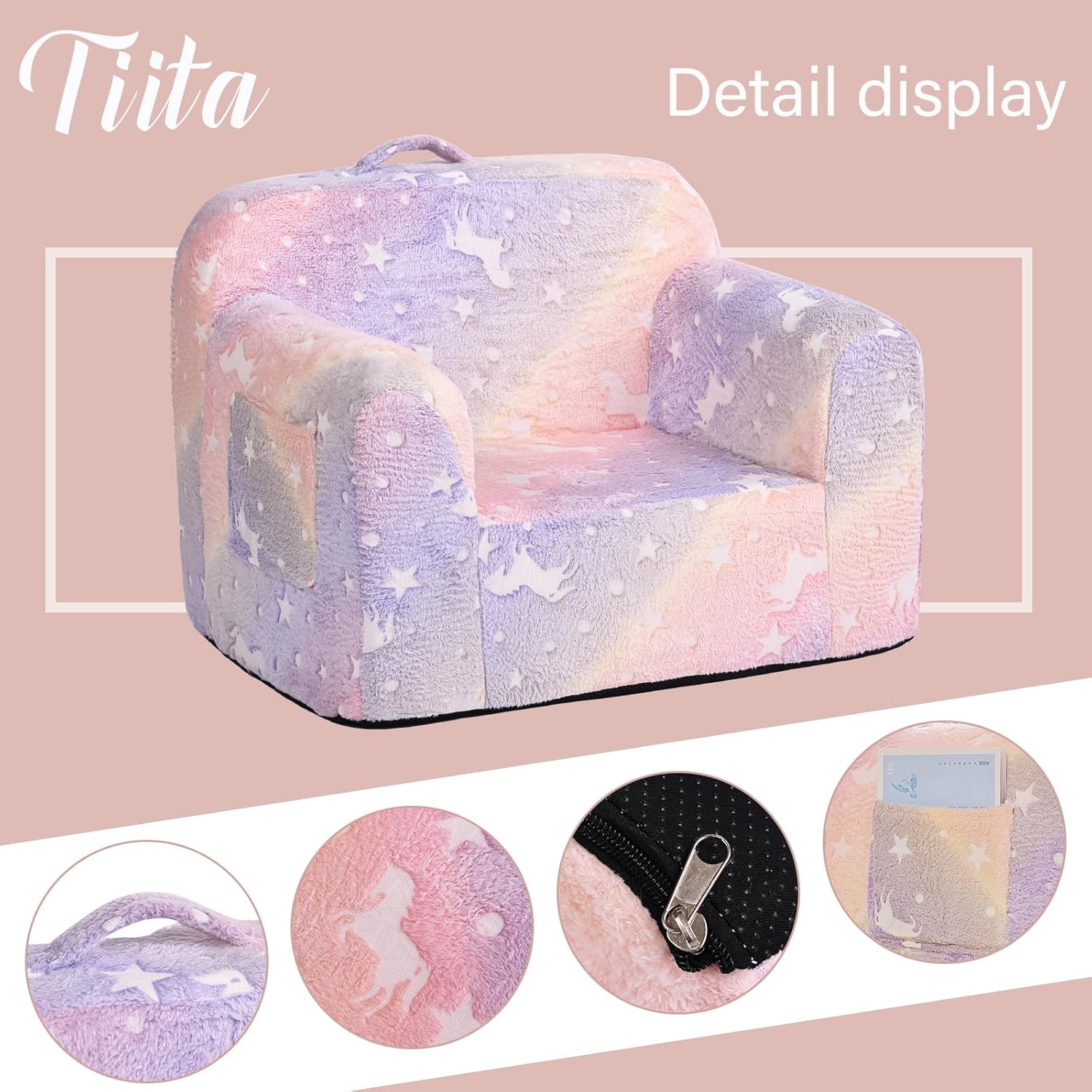 Tiita Sofá para niños, sofá Chirldren con asa de transporte y bolsillos laterales, silla de espuma para niños, silla con reposabrazos para niños,