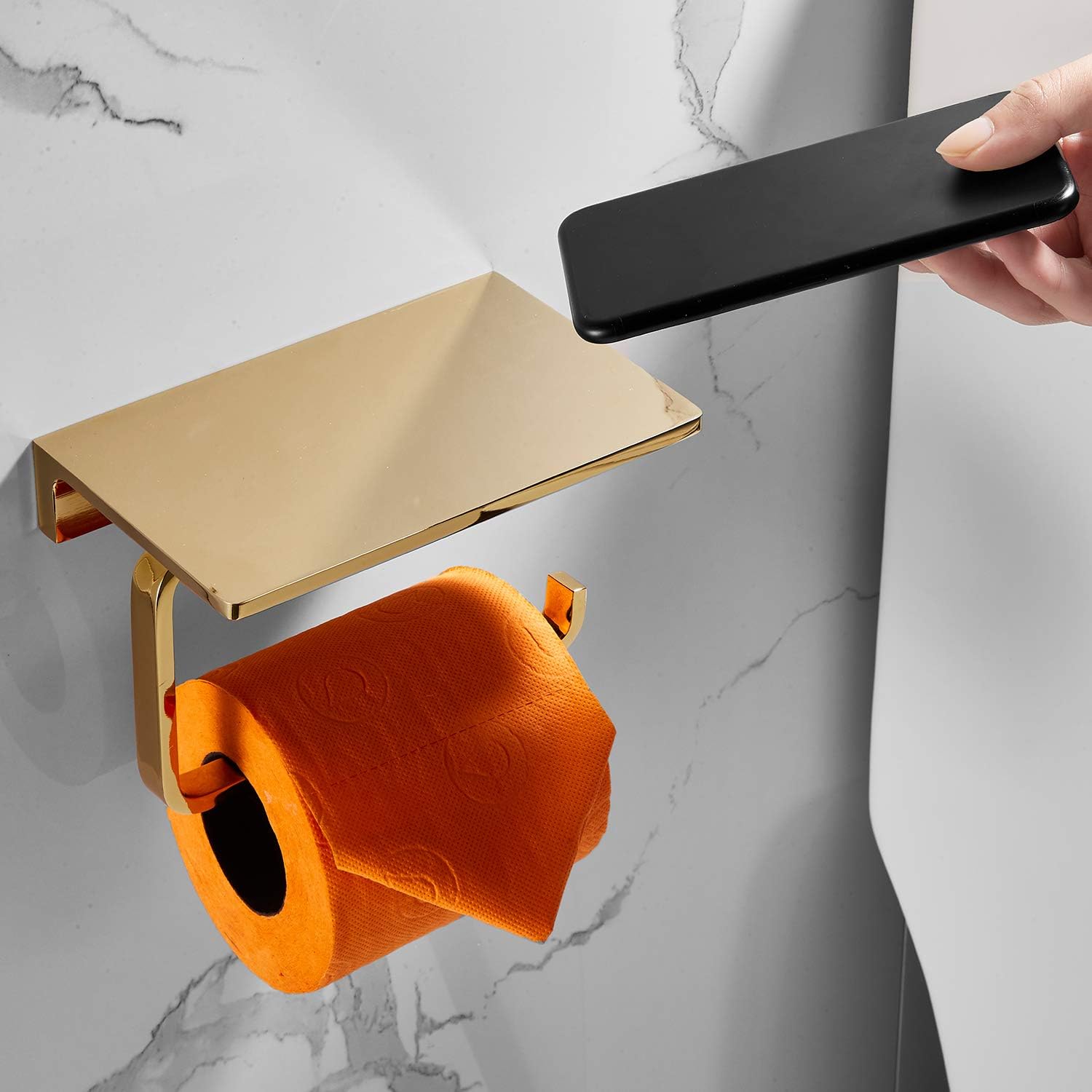 Soporte de papel higiénico para baño, latón macizo y soporte de rollo de papel de hotel superior con almacenamiento de teléfono celular, acabado