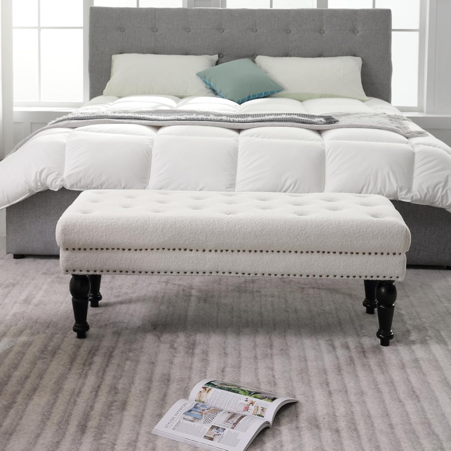 LukeAlon Banco de comedor vintage de sherpa, banco de comedor tapizado con cabeza de clavos, banco auxiliar rectangular con patas de madera maciza,
