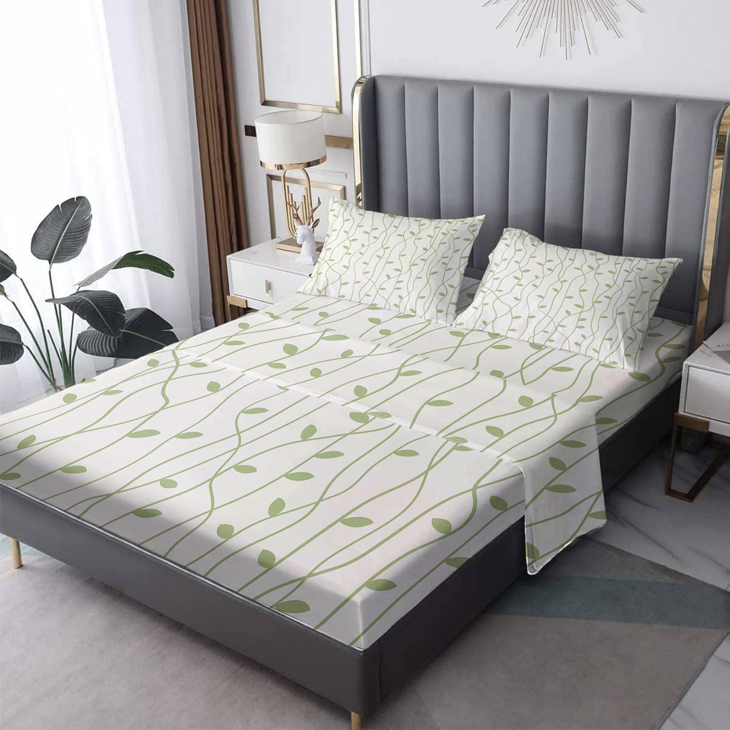 Line Sheets – Juego de sábanas y fundas de almohada estampadas de 4 piezas, sábana bajera ajustable de microfibra suave con bolsillo profundo,