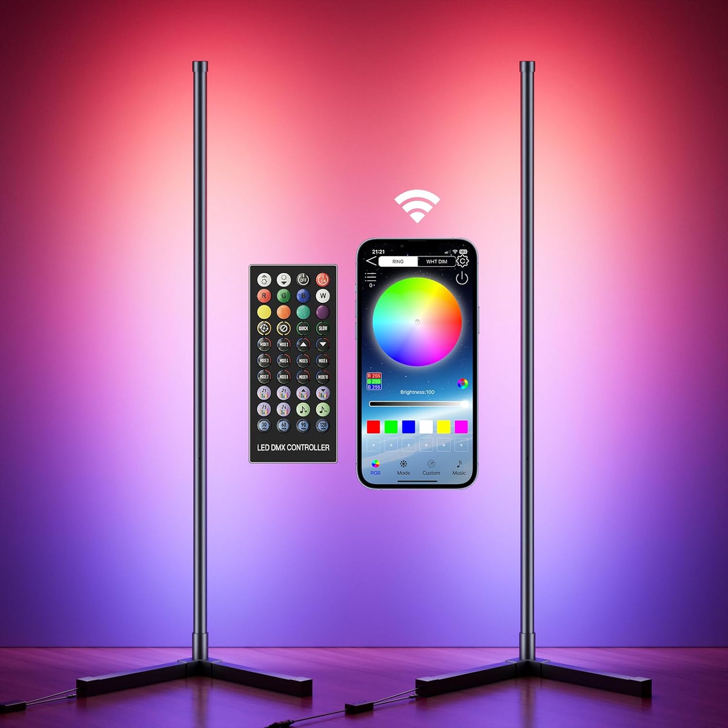 Paquete de 2 lámparas de pie de esquina, lámpara de esquina LED RGB de 63 pulgadas que cambia de color con control remoto y aplicación, lámpara de