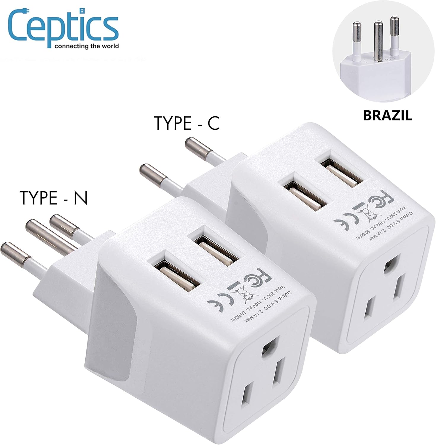 Ceptics Brasil – Juego de enchufes de viaje, con 2 USB + entrada de enchufe de EE. UU., tipo C y tipo N, ultra compacto, conexión a tierra segura,