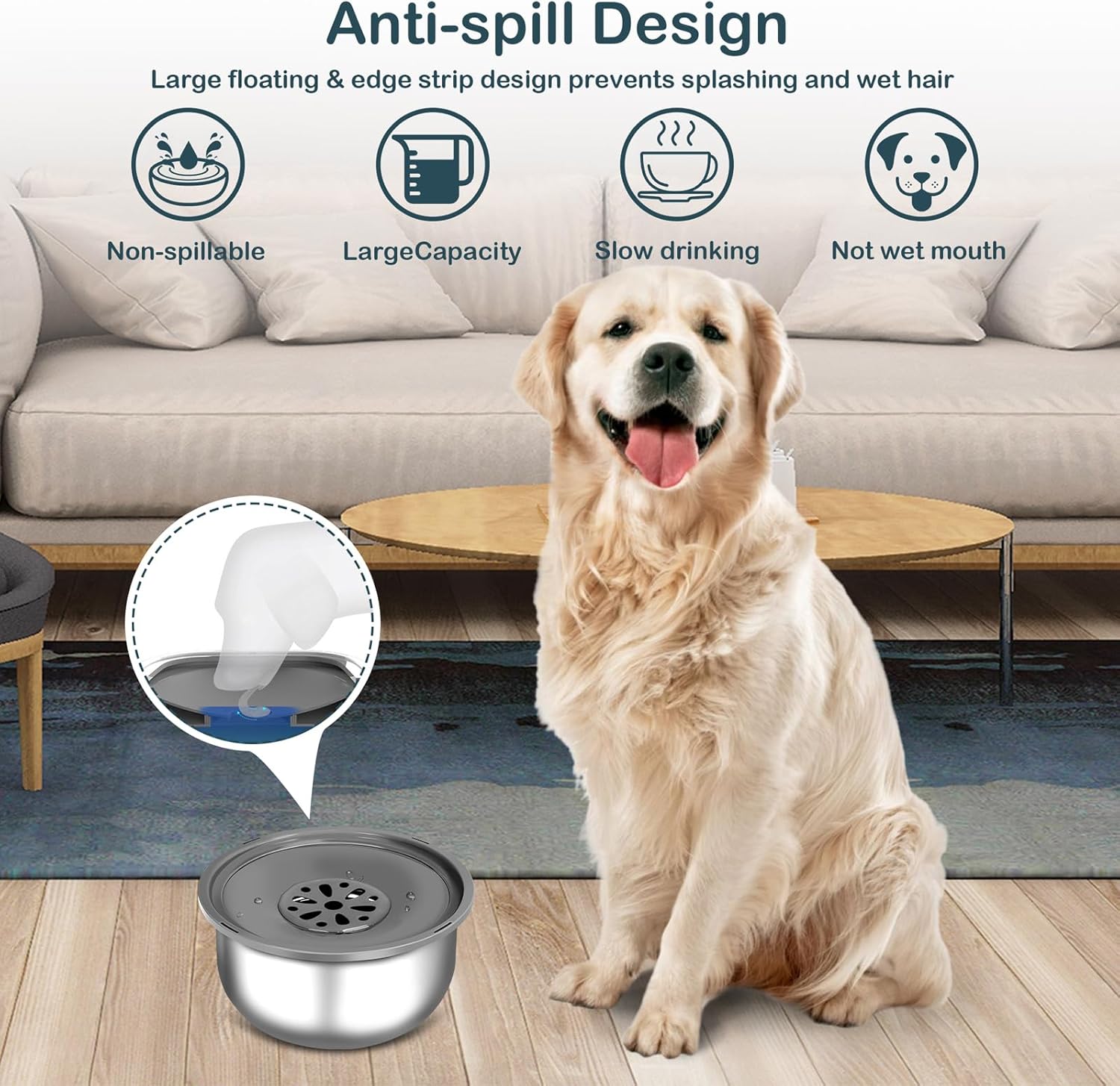 M&MKPET Cuenco de agua para perros, sin derrames, de 118 onzas, de gran capacidad, de acero inoxidable, a prueba de goteo, dispensador de