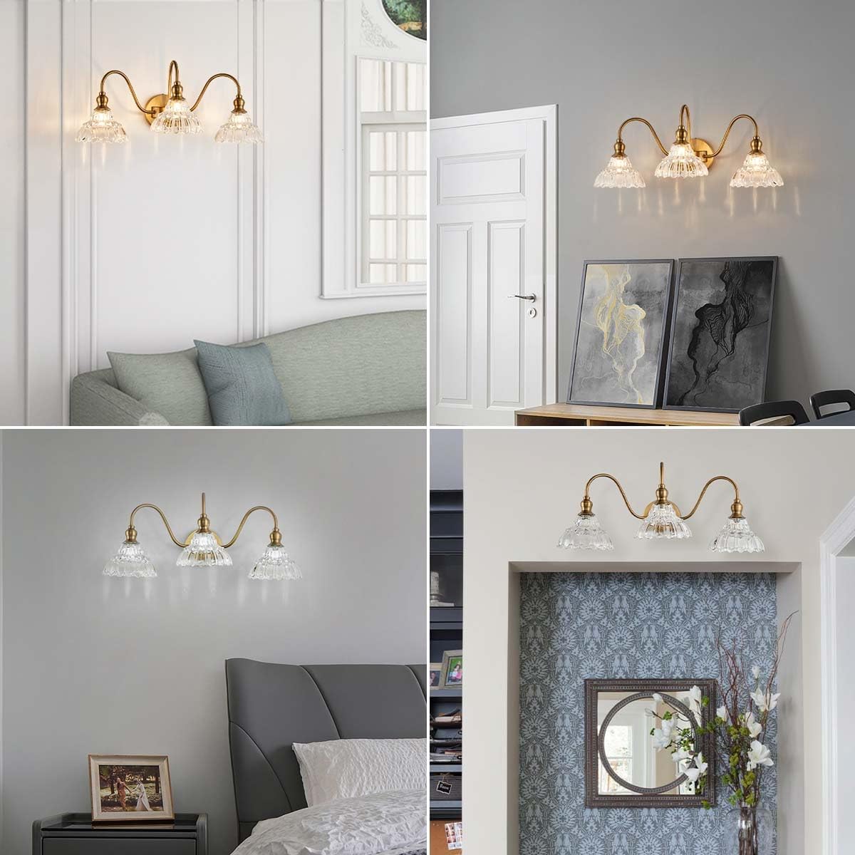 Apliques de pared vintage de 3 luces de latón moderno para tocador de baño, lámpara de tocador retro de vidrio para dormitorio, baño, puerta,