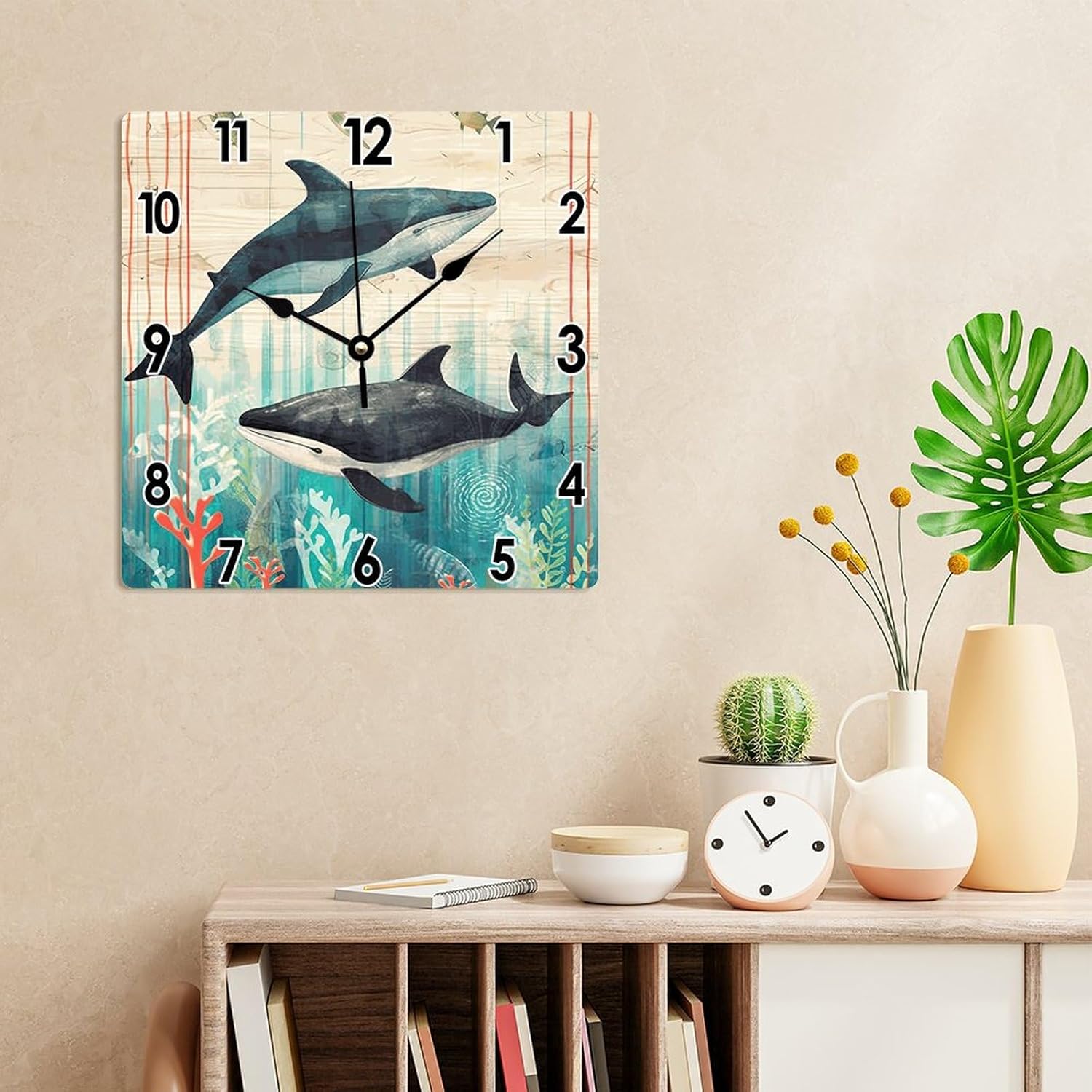 Reloj de pared decorativo rústico de 12 x 12 pulgadas, reloj de pared de PVC con acuarela, ballena, vintage, náutico, costero, para pared, playa
