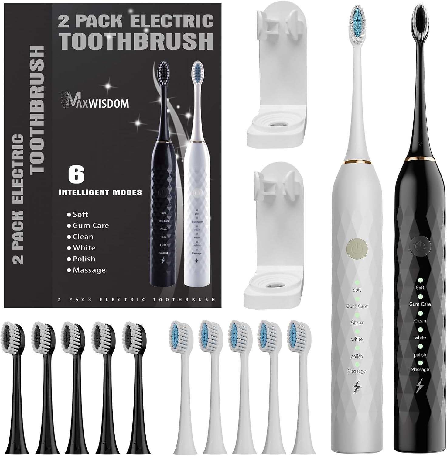 Paquete de 2 cepillos de dientes eléctricos, cepillo de dientes eléctrico para adultos con 10 cabezales de cepillo de repuesto, 2 soportes para