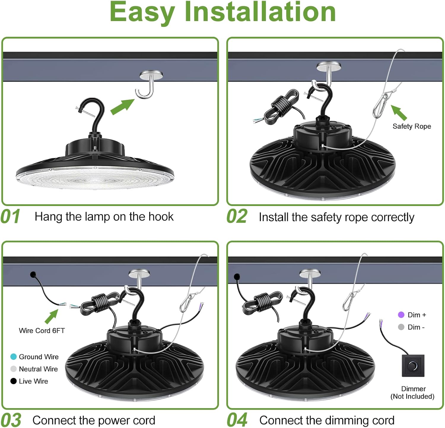 Luz de bahía alta, luz LED UFO de 240 W 36000 lm (equivalente a 1000 W HIDHPS) Listado ULDLC, 0-10 V regulable, cable de 6 pies, 5000 K, IP65