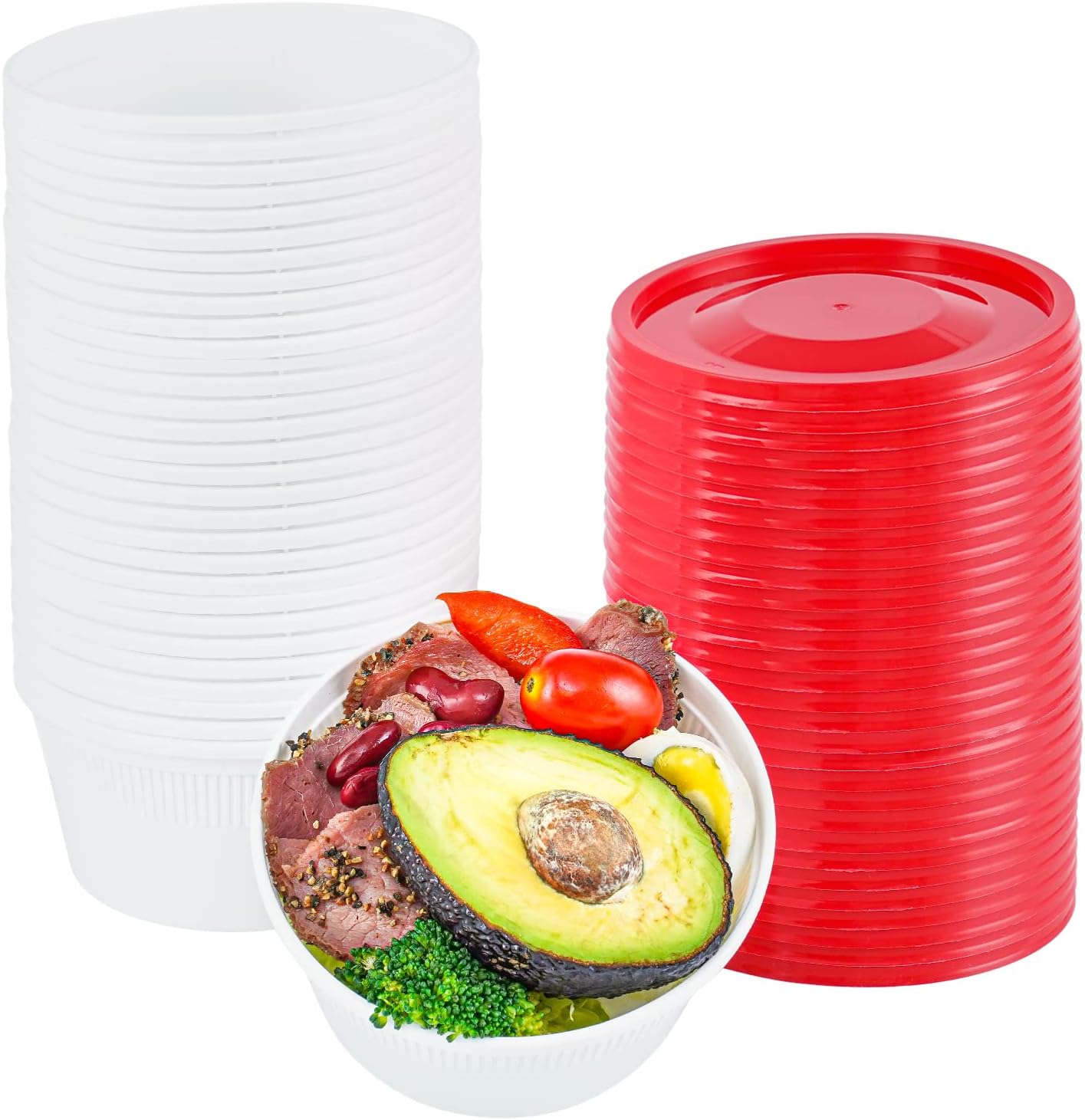 Juego de 50 cuencos de plástico desechables de 12 onzas, recipientes redondos de almacenamiento de alimentos blancos con tapas a prueba de fugas,