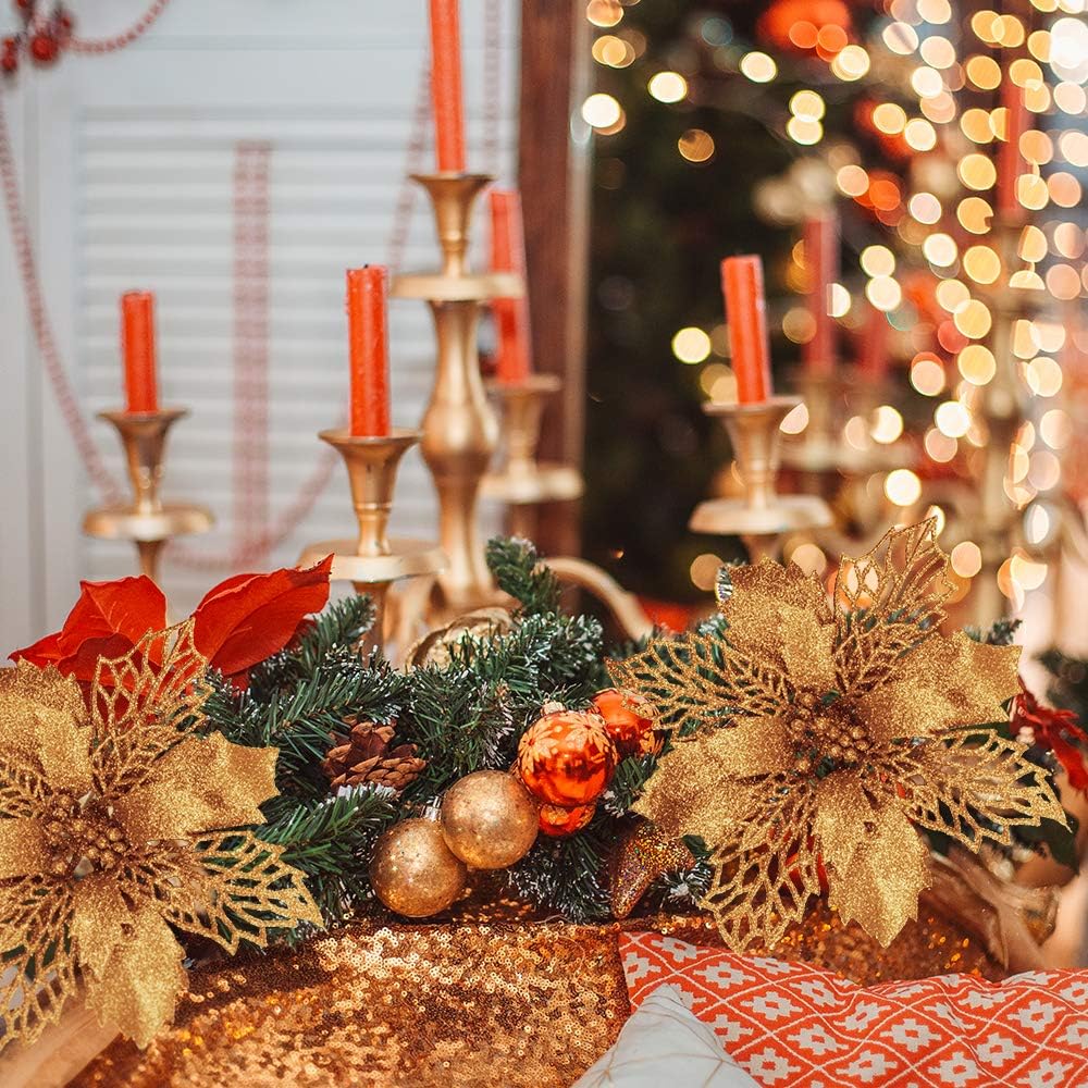 24 piezas de flores de Pascua artificiales de hojas de acebo de malla dorada con purpurina de Navidad, adornos de árbol de 5.9 pulgadas de ancho