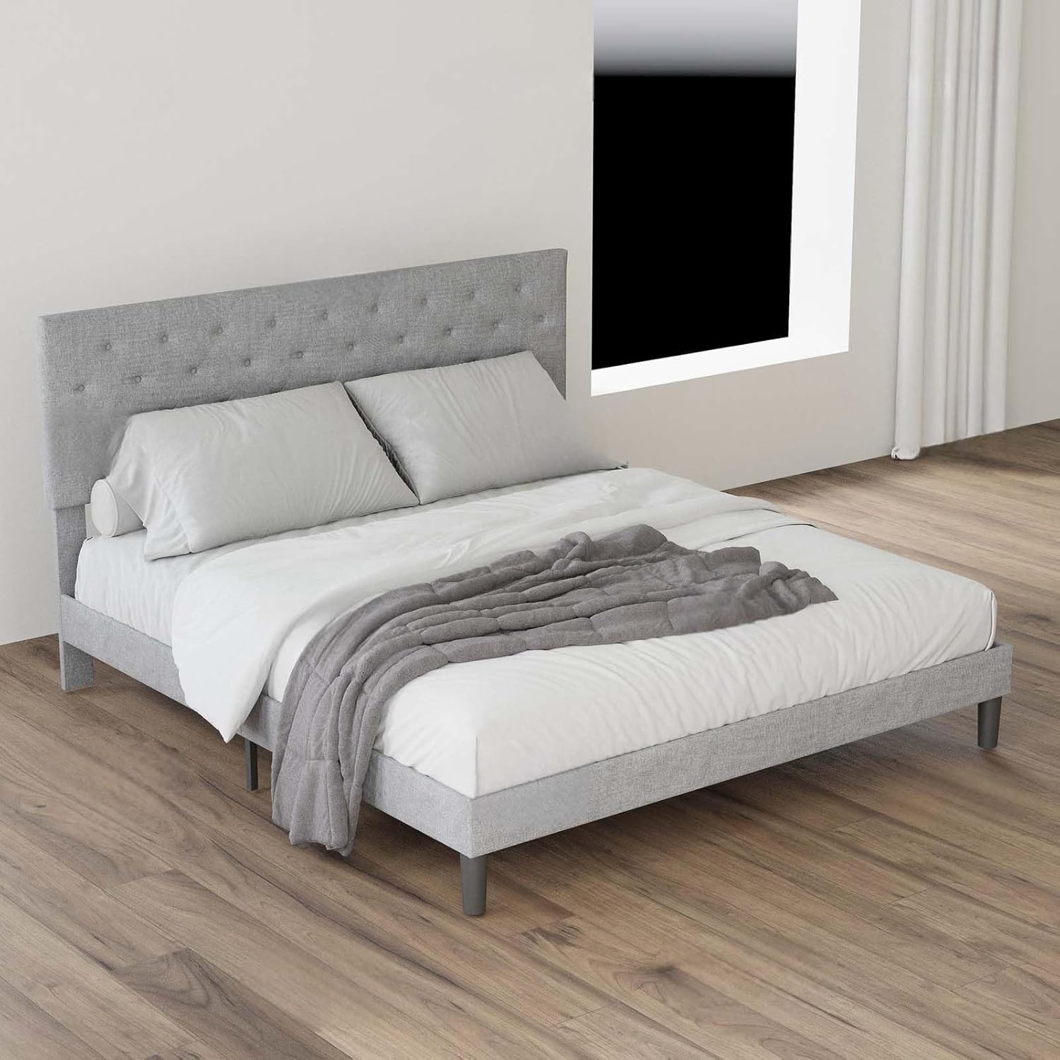 Base de cama tapizada de tamaño matrimonial con cabecera de botón ajustable, base de colchón con soporte de listones de madera, no necesita somier,