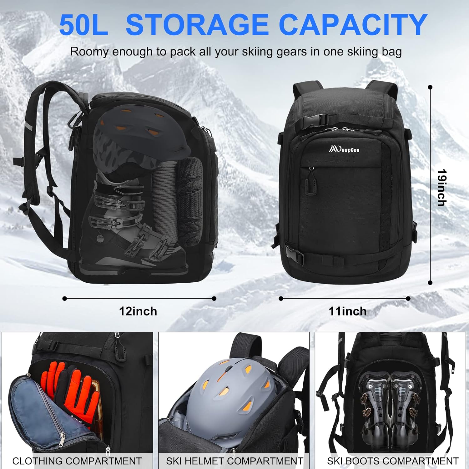 MoopGou Bolsa para botas de esquí, mochila de viaje impermeable de 50 L para botas de esquí, casco de esquí, gafas, guantes, ropa y accesorios de