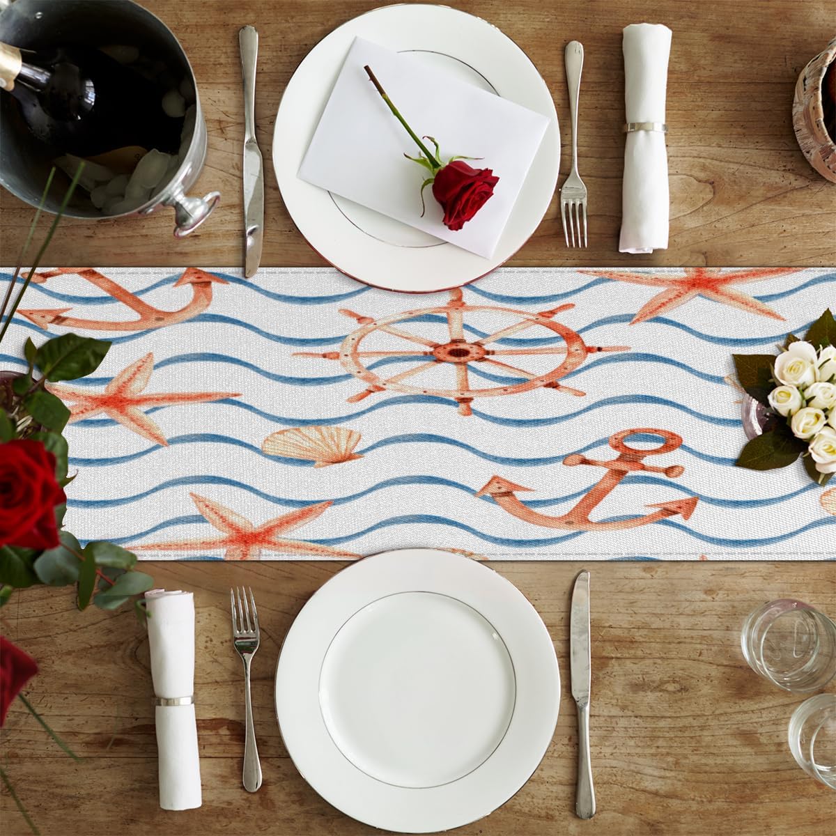 Table Runner Rudder Shell Wave Line, Rustic Linen Table Cloth for Farmhouse Kitchen, Dinner, Events, Party, Holiday Table Decor 13 x 120 Inches