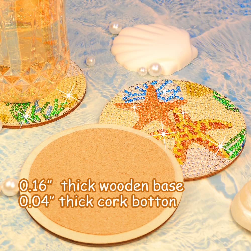 Juego de 8 posavasos de pintura de diamantes con soporte de base de corcho, tema de playa, playa, mar, vida costera, kit de pintura de diamantes