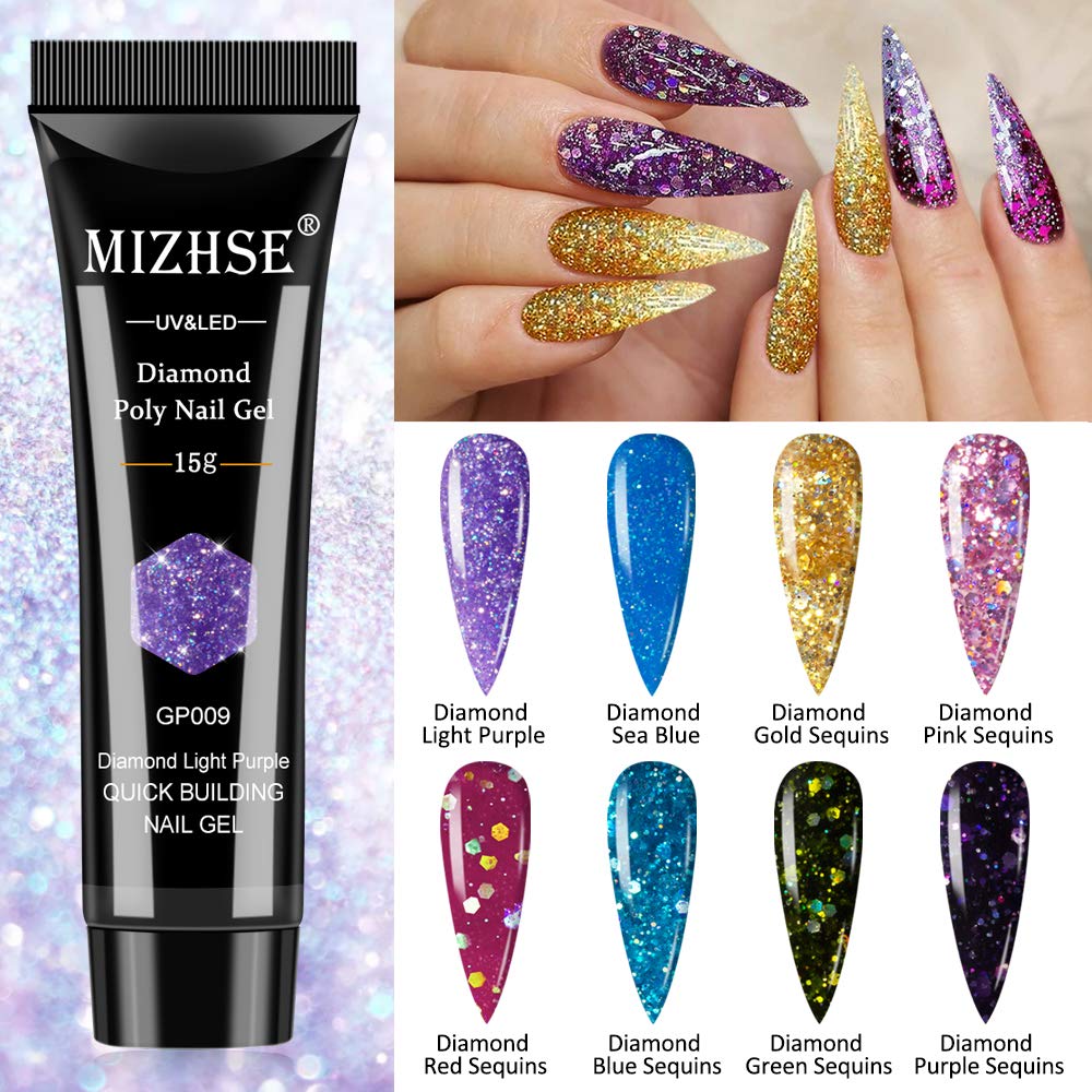 MIZHSE Kit de uñas de poligel, 8 colores, gel constructor de extensión de uñas, kit profesional de poligel con purpurina, morado, azul, rosa, rojo,