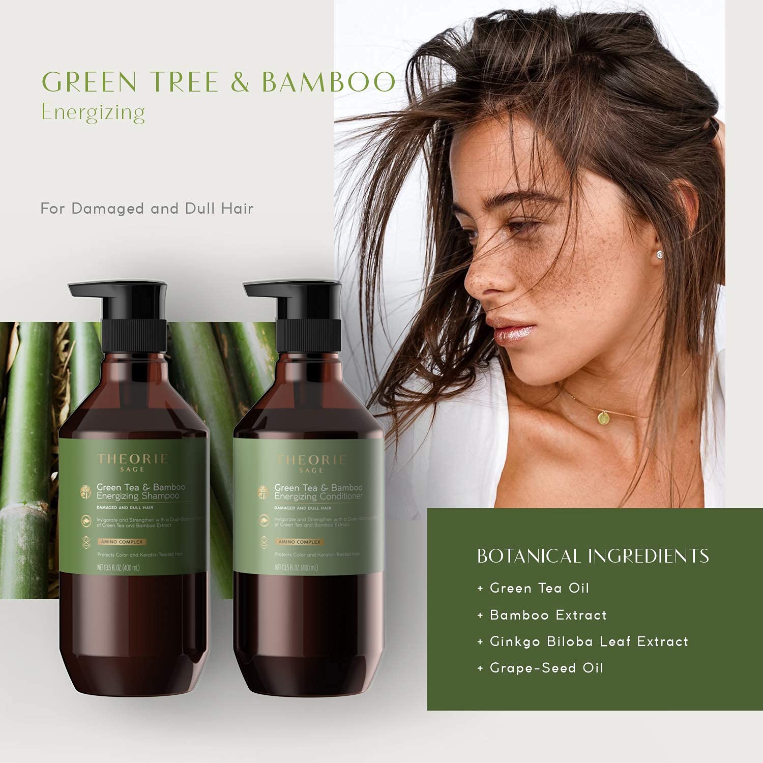 Theorie Té verde y bambú – vigoriza y fortalece, aroma irresistible de té verde, jazmín, ámbar y ciprés – para cabello dañado y opaco – Seguro para