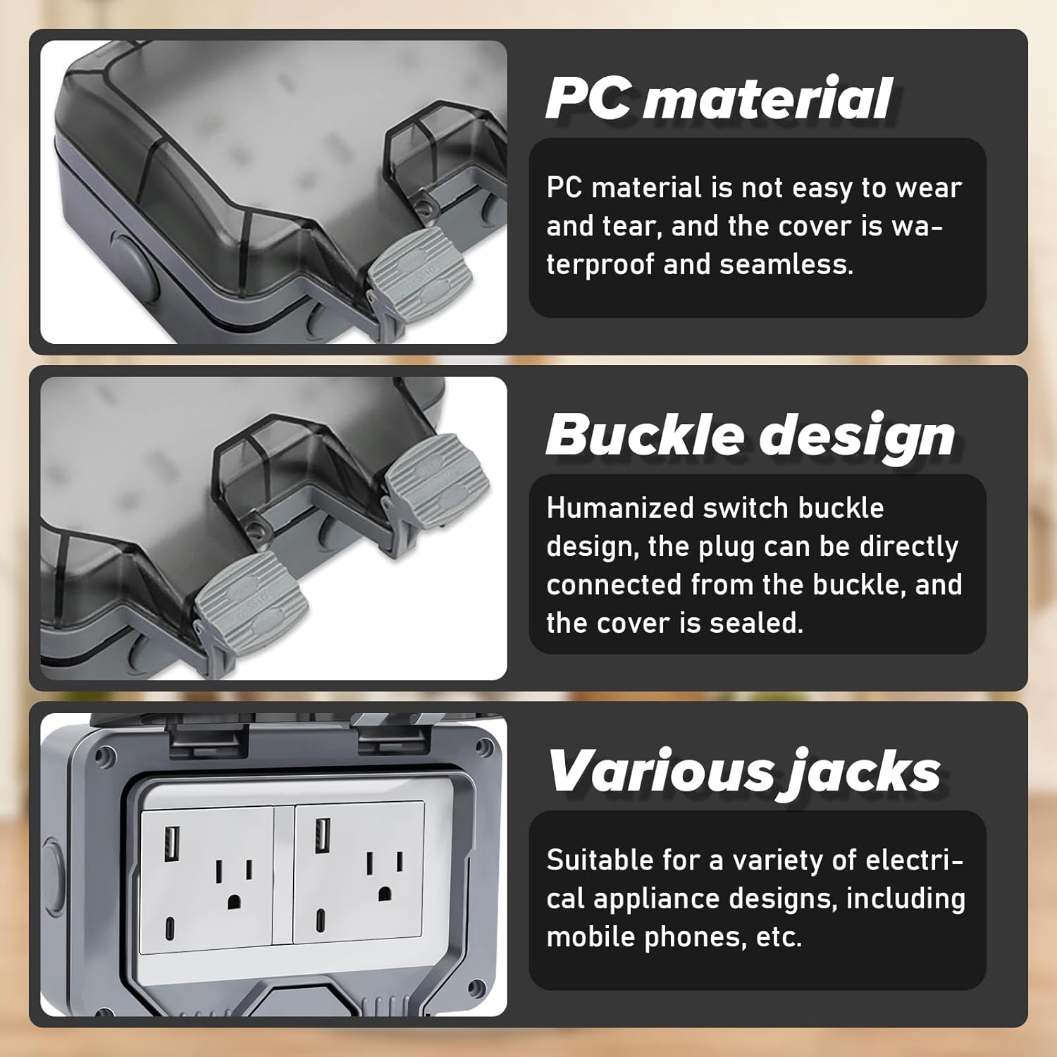 Toma de corriente para exteriores IP66 impermeable, 15A 110-250 V, enchufe para exteriores con puertos tipo C y USB, toma de corriente con cerradura