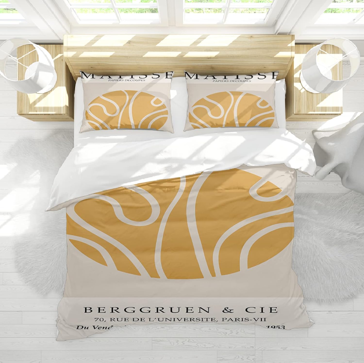 3 piezas Funda nórdica Henri Matisse Amarillo Patrón Redondo Cubierta de edredón con cierre de cremallera y lazos de esquina Soft Cozy Bedding Sets