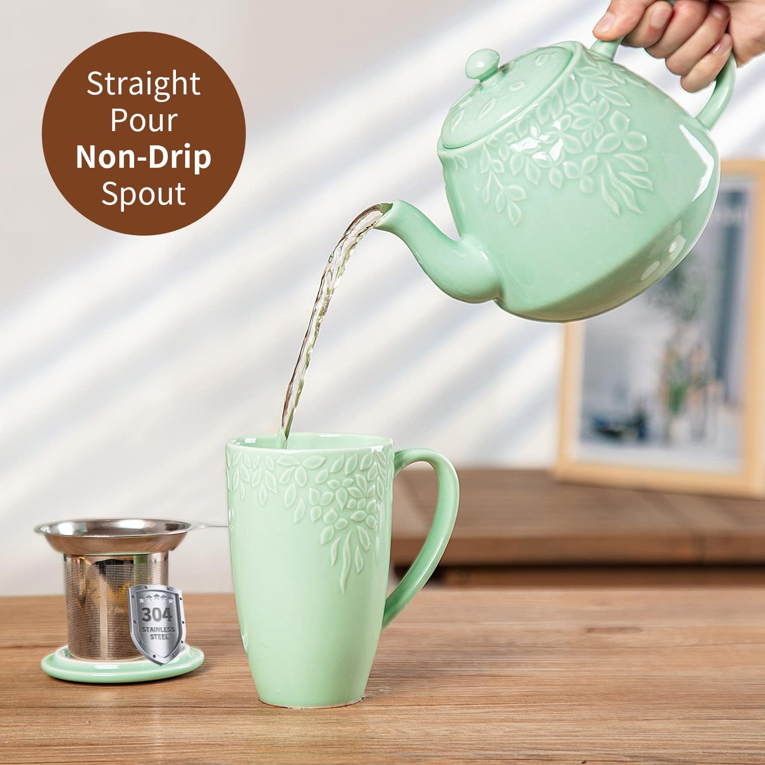 Toptier Tetera de hojas, tetera de porcelana con infusor y tapa, tetera de cerámica de hojas florecientes y sueltas, 37 onzas, verde claro