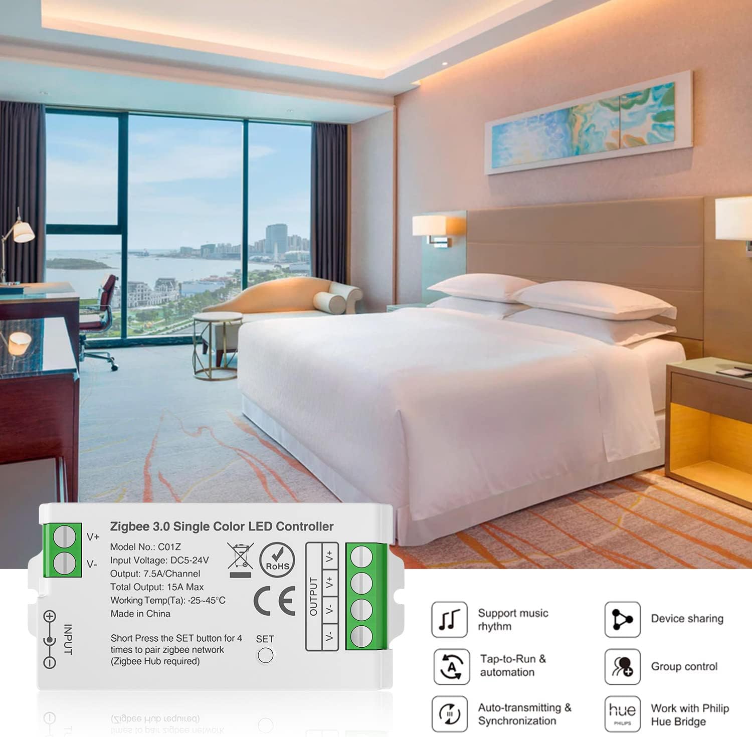 C01Z Zigbee 3.0 Controlador LED WiFi para tira LED de 2 pines de un solo color, cuerdabombillas, compatible con Philip H-UE Home-Kit Tuya.etc Zigbee