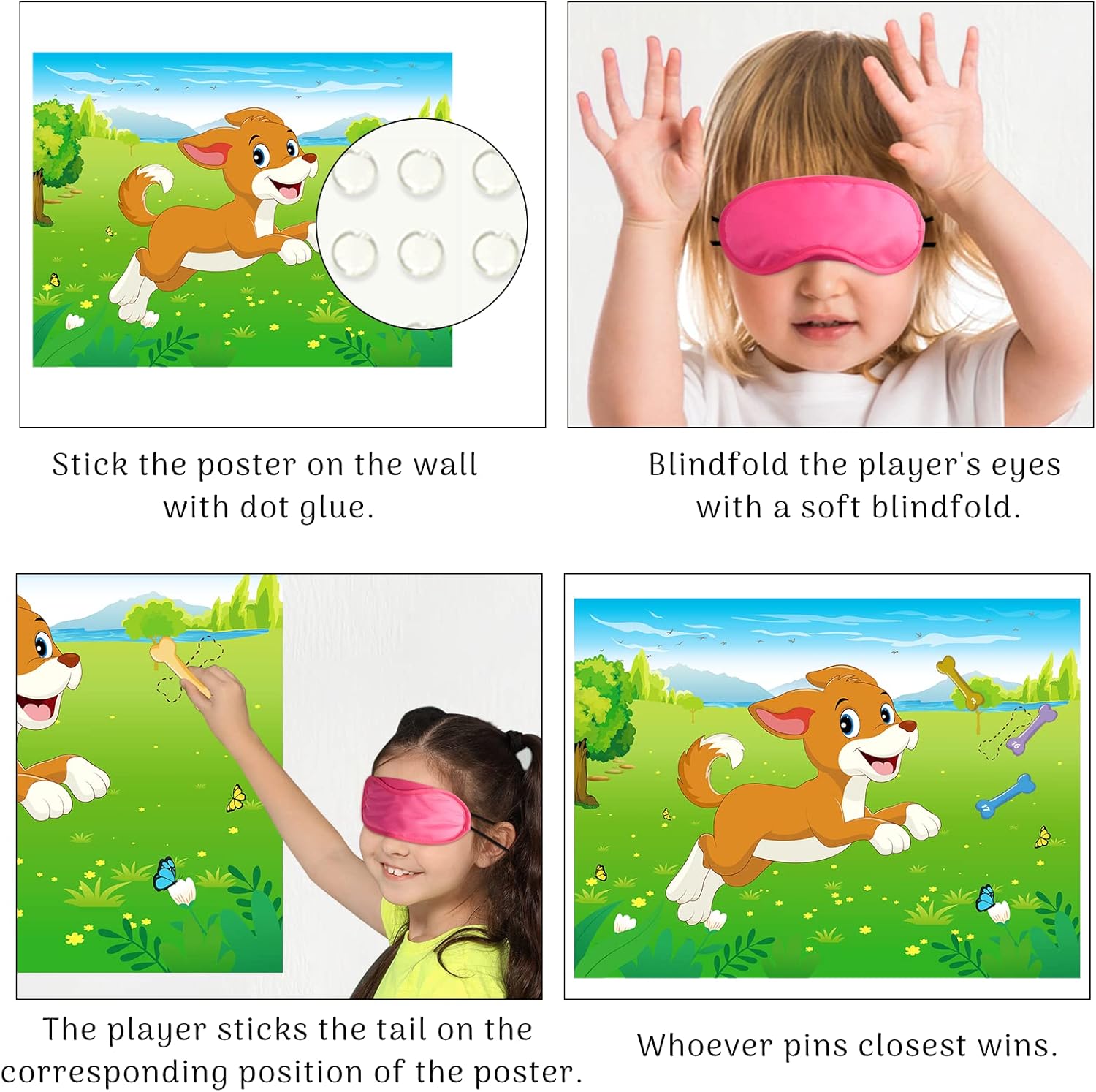 Morcheiong Juego de fiesta de cumpleaños Pin The Tail on The Dog con 48 huesos, dale al cachorro un juego de huesos para niños, decoración de fiesta
