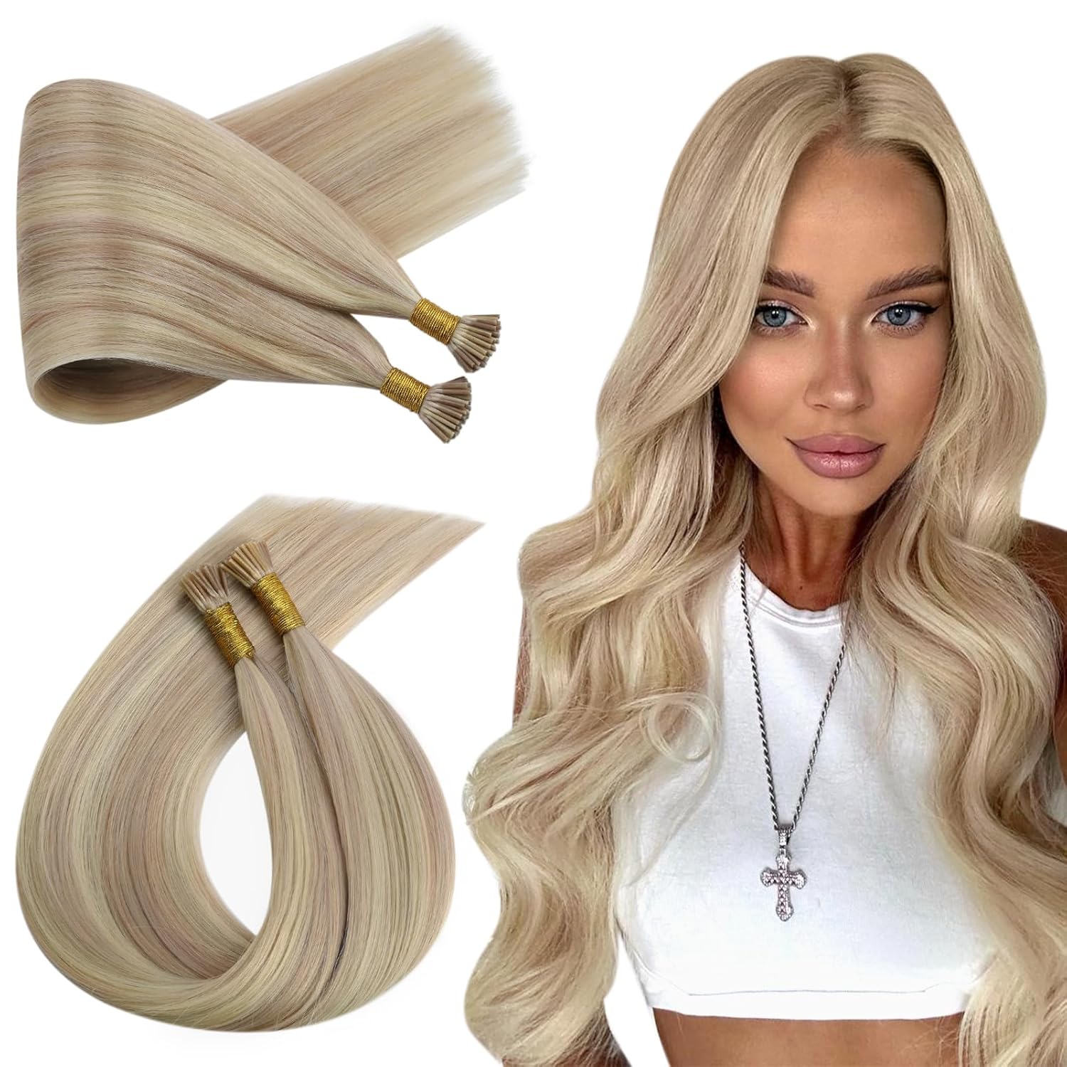 Ugeat I Tip – Extensiones de cabello humano con queratina de 18 pulgadas, extensiones de cabello humano #P1813 rubio ceniza con reflejos rubios