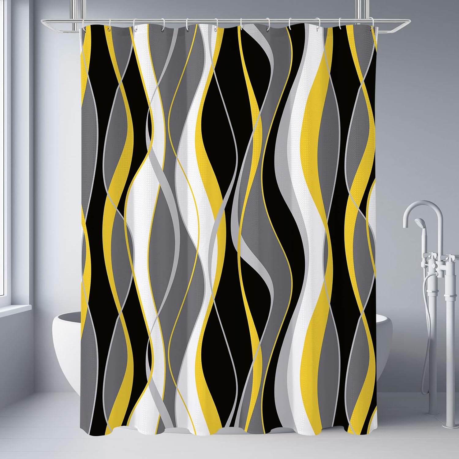 Gibelle Cortina de ducha negra y amarilla, accesorios de decoración de baño abstractos modernos grises y amarillos, juego de cortina de ducha de