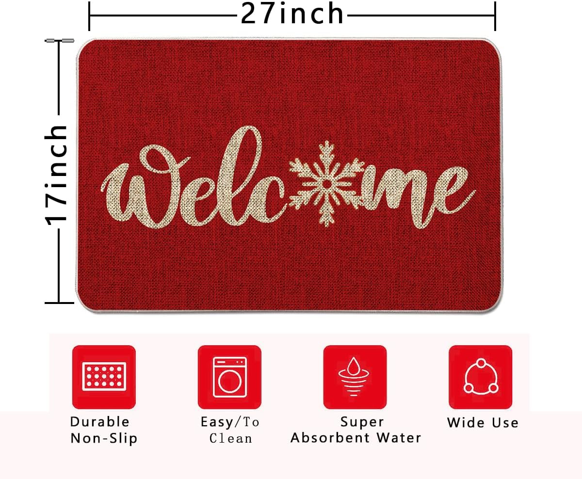 GAGEC Tapete de Navidad para exteriores, tapete rojo de bienvenida con copos de nieve, tapete de entrada para puerta de invierno, decoración de casa