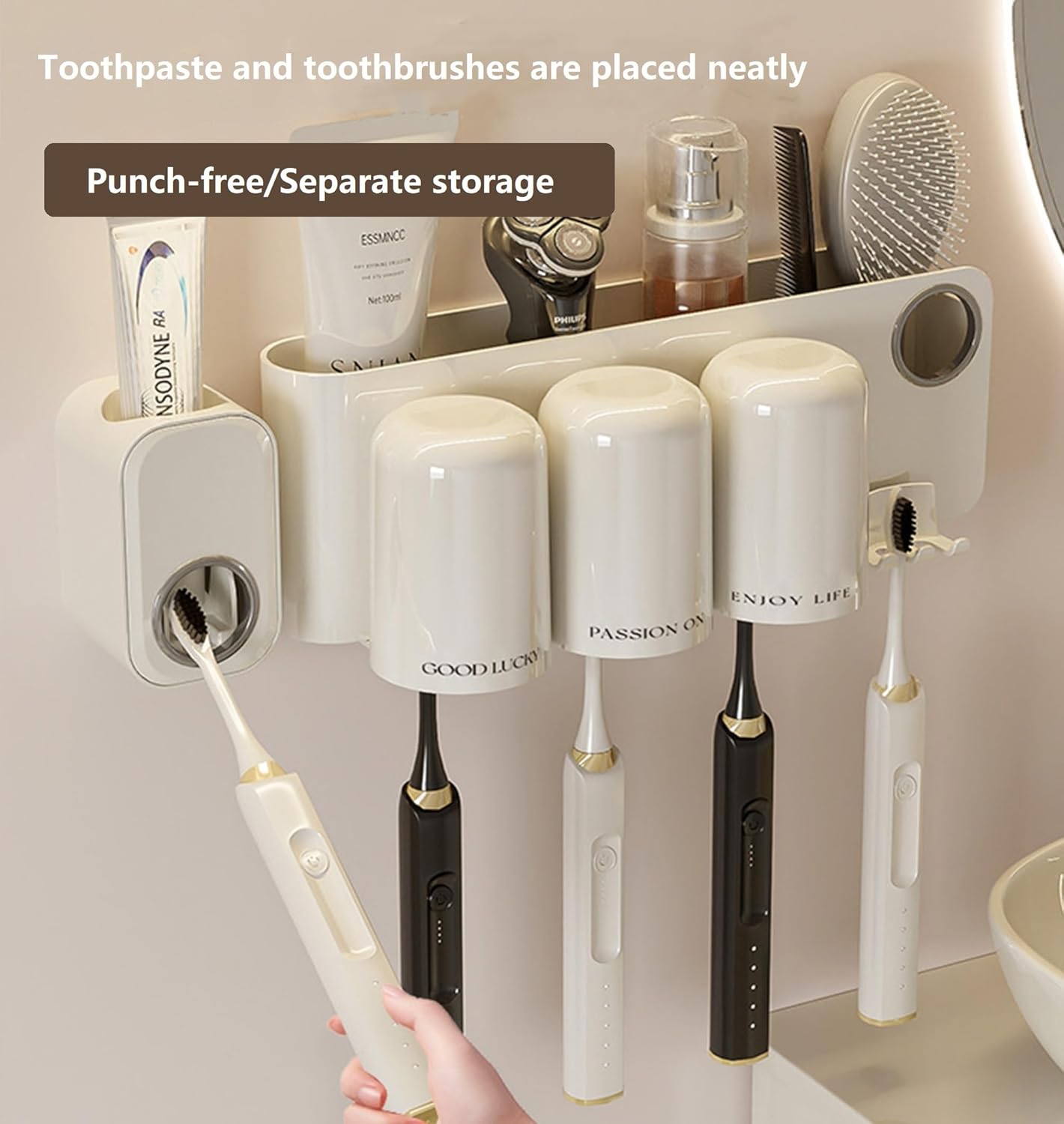 Estante para cepillos de dientes de 4 ranuras, incluye 1 exprimidor de pasta de dientes, 4 tazas de enjuague bucal, soporte multifunción para