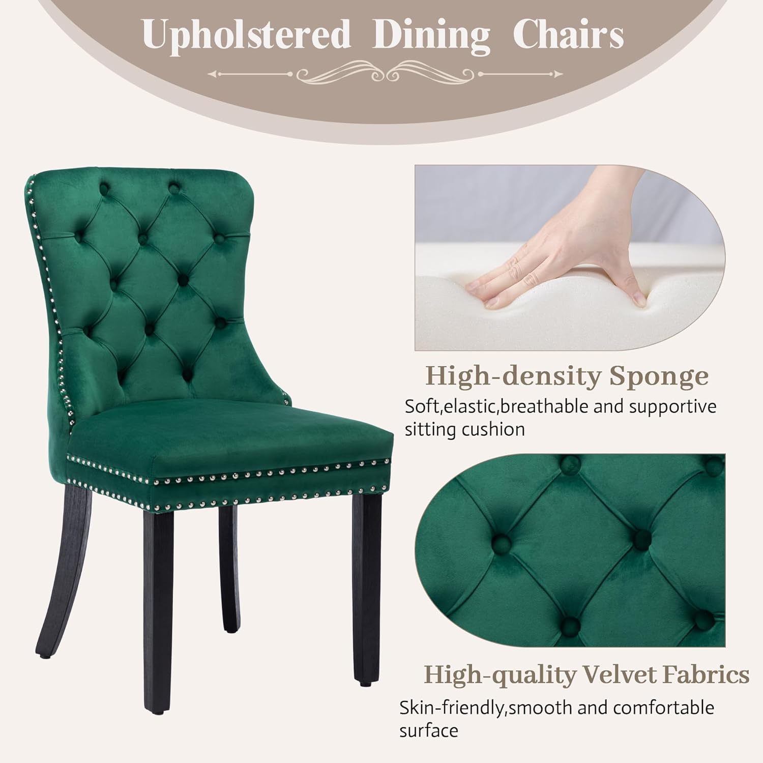 KCC Nikki Collection – Juego de 2 sillas de comedor de terciopelo tapizadas de alta gama con anillo trasero de clavo, patas de madera maciza, estilo