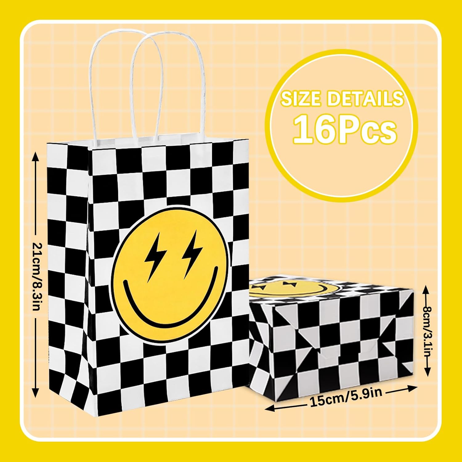 AnyDesign 16 bolsas de regalo de papel de cara sonriente con asas, bolsas de regalo de papel a cuadros a granel, bolsas de dulces para baby shower,