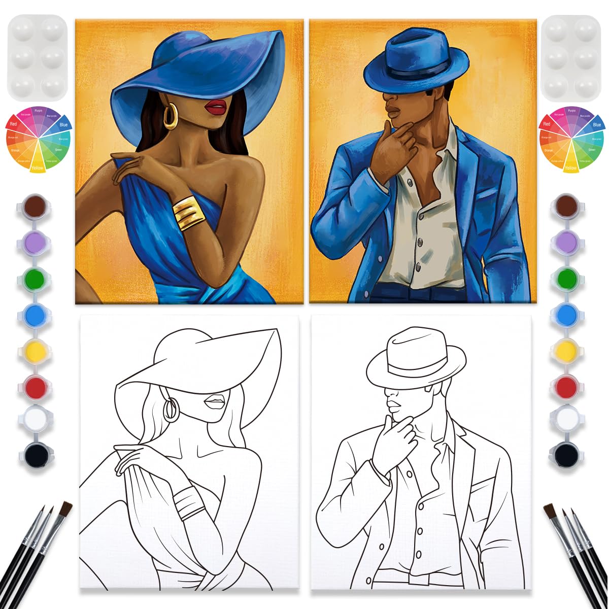 2 Pack Paint and Sip Canvas Painting Kit Pre Drawn Canvas for Painting for adults Stretched Canvas Couples Games Date Night Afro Elegant Gentleman