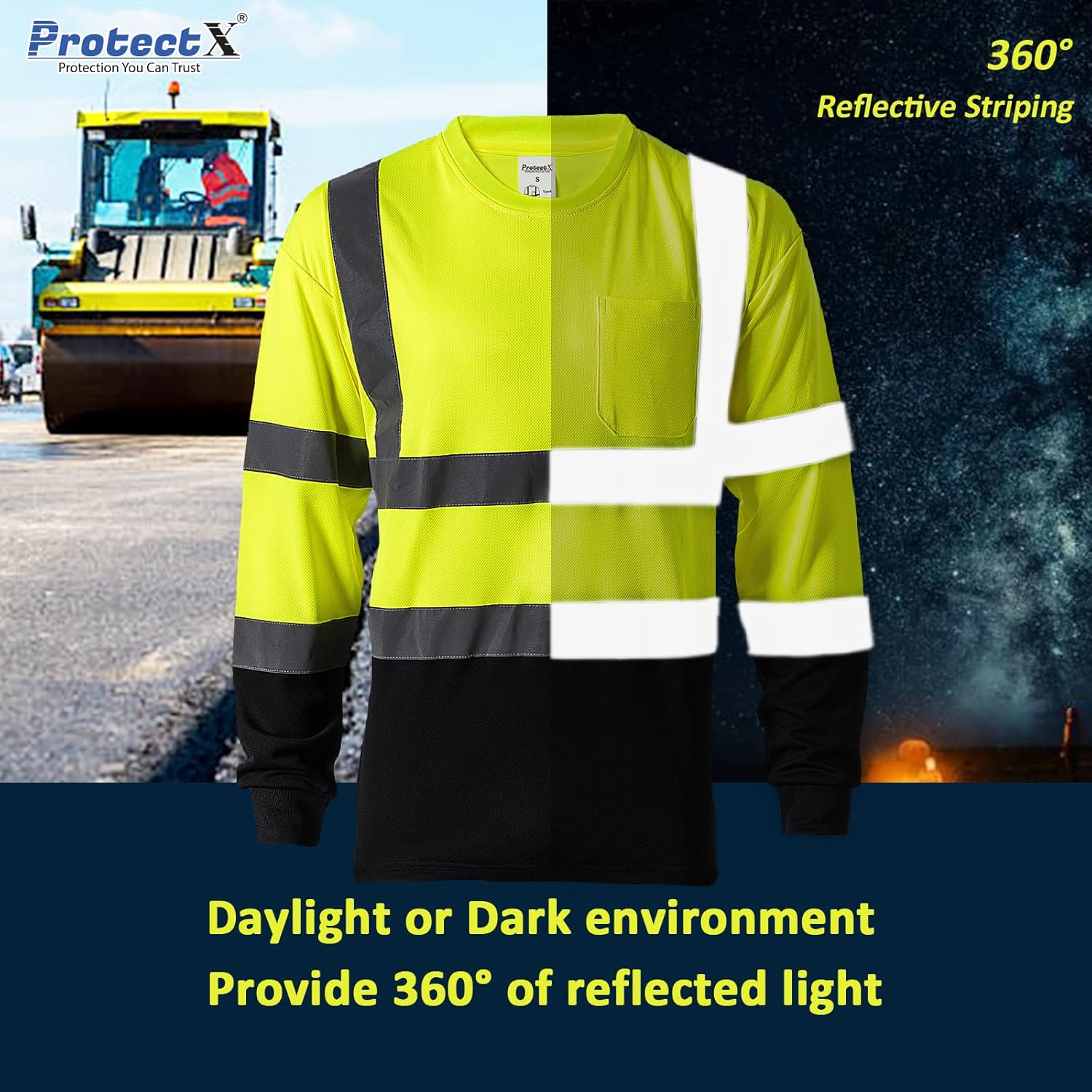 ProtectX Camisetas de seguridad reflectantes de manga larga resistentes para hombre, de alta visibilidad para construcción, clase 2-3 tipo R