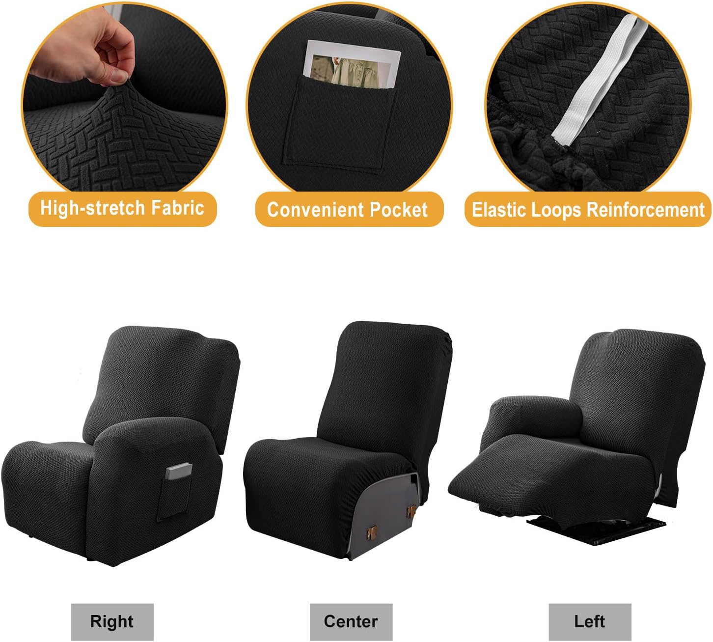 Genina Funda reclinable elástica para sofá reclinable, funda de sofá para sofá reclinable, protector de muebles de jacquard grueso, lavable (negro,