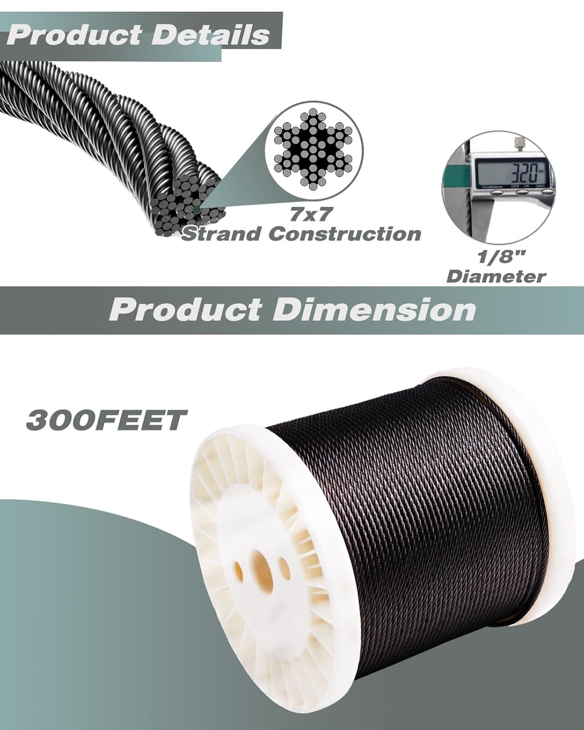 Cable de alambre de acero inoxidable T316 negro de 18 de pulgada, 300 pies, cable de grado marino para barandilla de cubierta negra, escaleras,