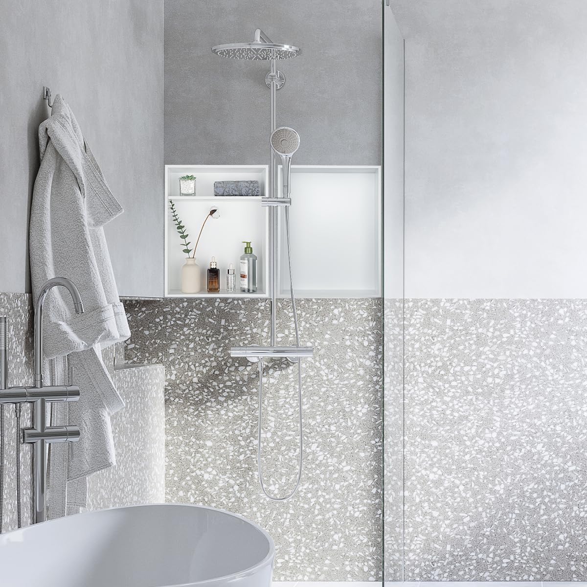JQK Niche de ducha sin necesidad de azulejos, estante de baño blanco mate de 18 x 14 pulgadas, 2 capas, organizador de ducha empotrado de acero