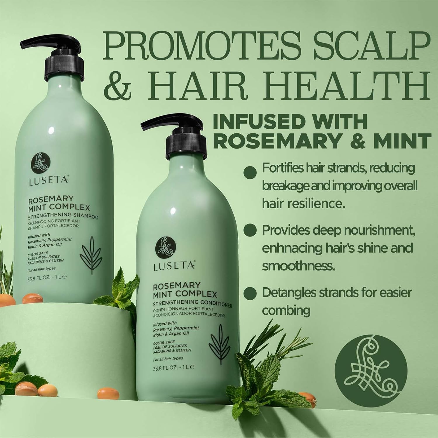 Luseta – Juego de champú y acondicionador fortalecedor de menta y romero para nutrir y suavizar el cabello dañado para adelgazar el cabello, añade