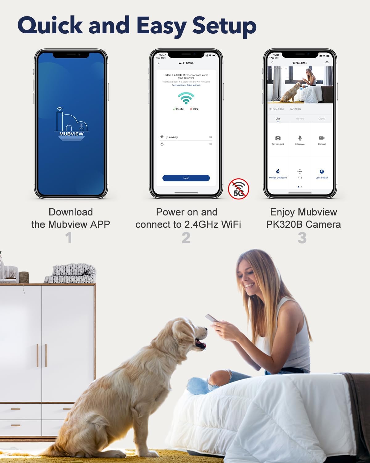 MUBVIEW Cámara para mascotas con aplicación de teléfono, cámara de seguridad interior, cámaras WiFi 2.4G para seguridad del hogar, cámaras con cable