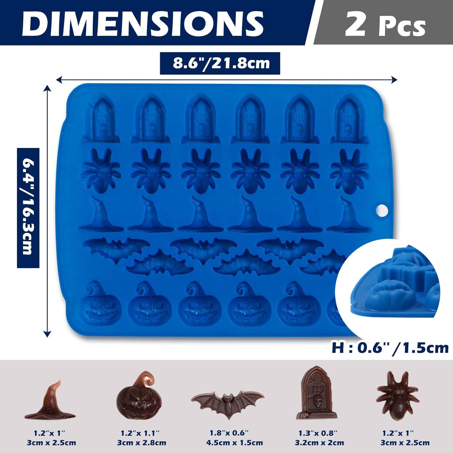 Moldes de dulces de Halloween, 2 piezas de 30 cavidades de Halloween de gomitas de chocolate, molde de silicona, azul