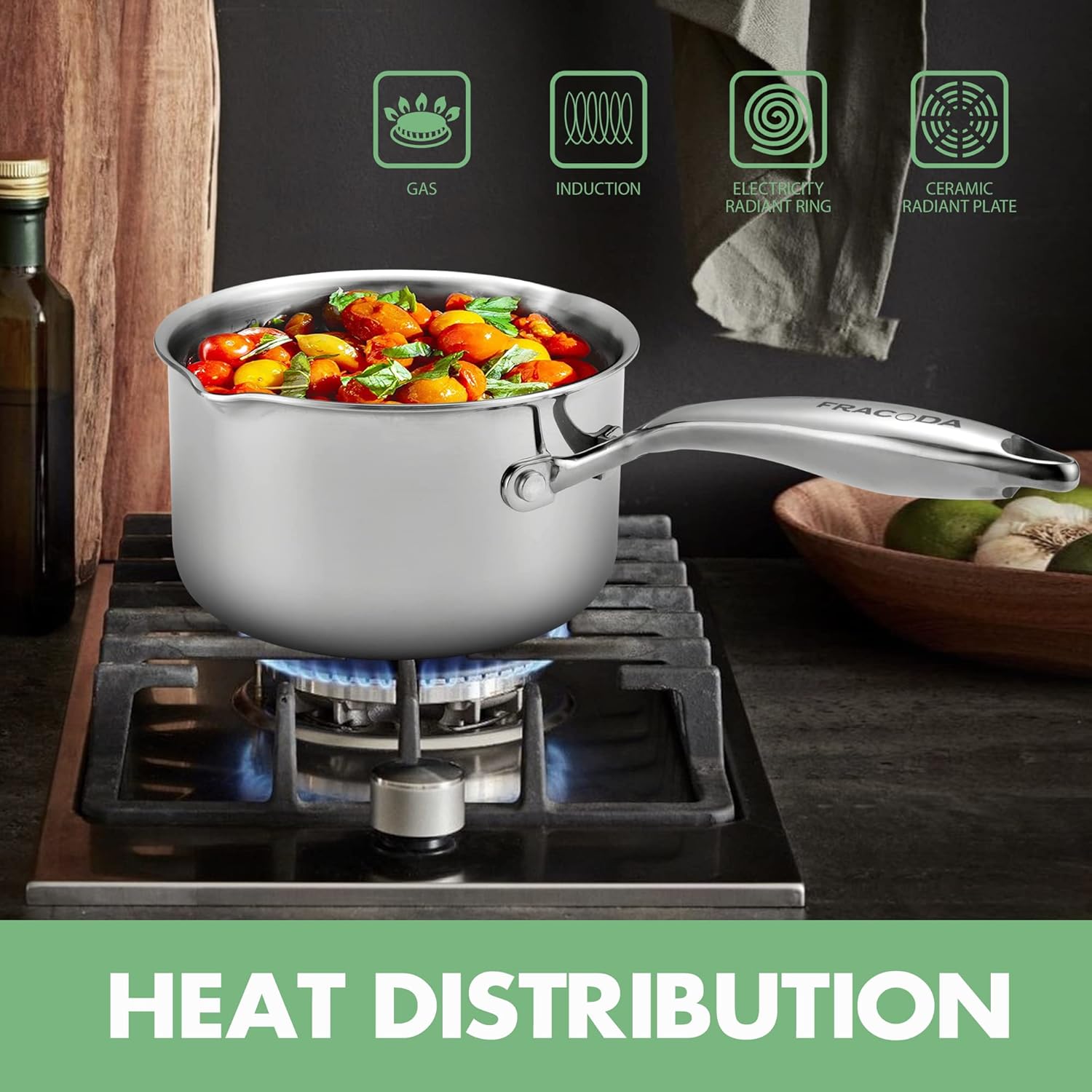 Olla de acero inoxidable de 2.0 cuartos de galón con tapa de colador de vidrio, olla con dos boquillas laterales, olla de cocción de inducción,