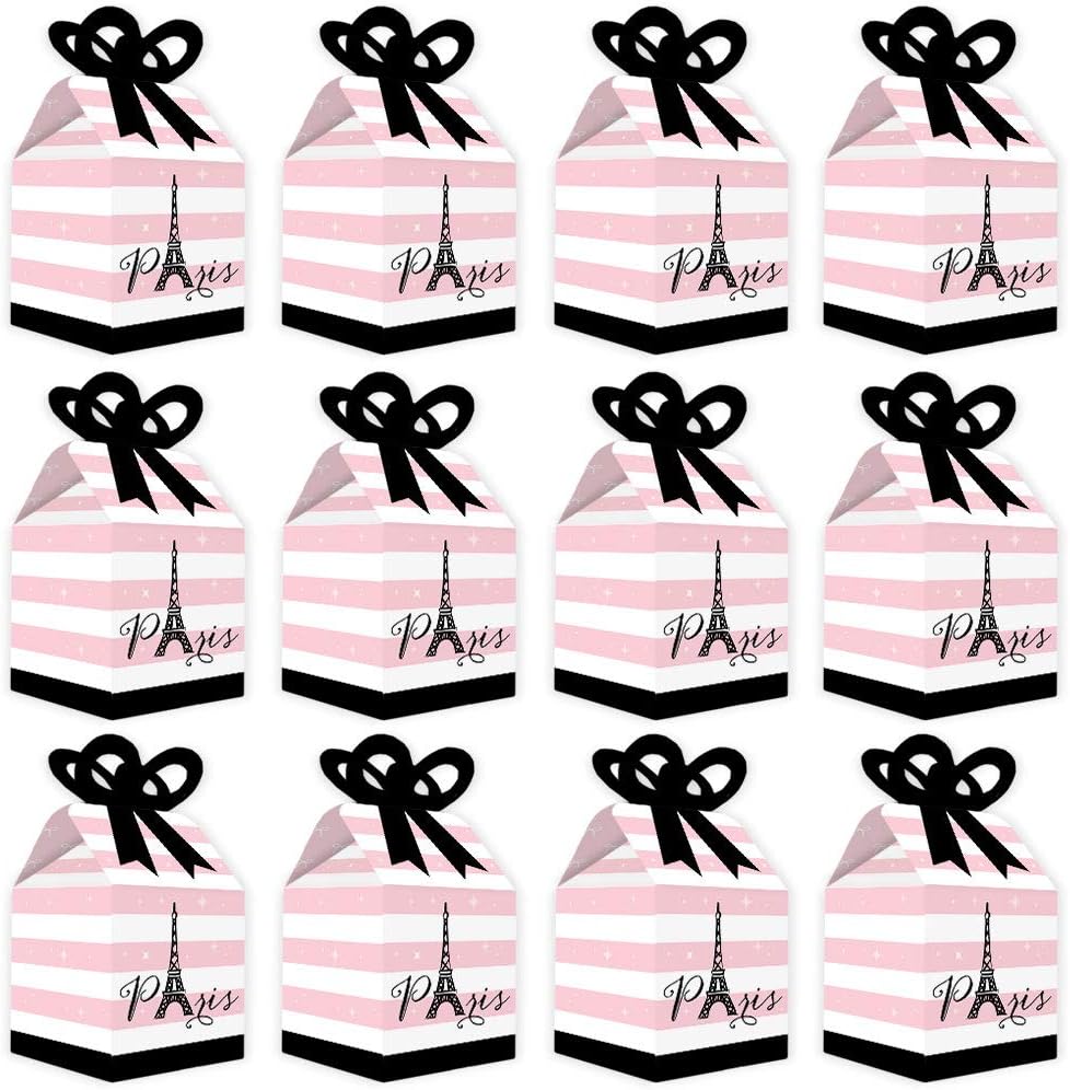 Big Dot of Happiness París, Ooh La La – Cajas de regalo cuadradas para baby shower o fiesta de cumpleaños – Juego de 12 cajas de lazo con temática