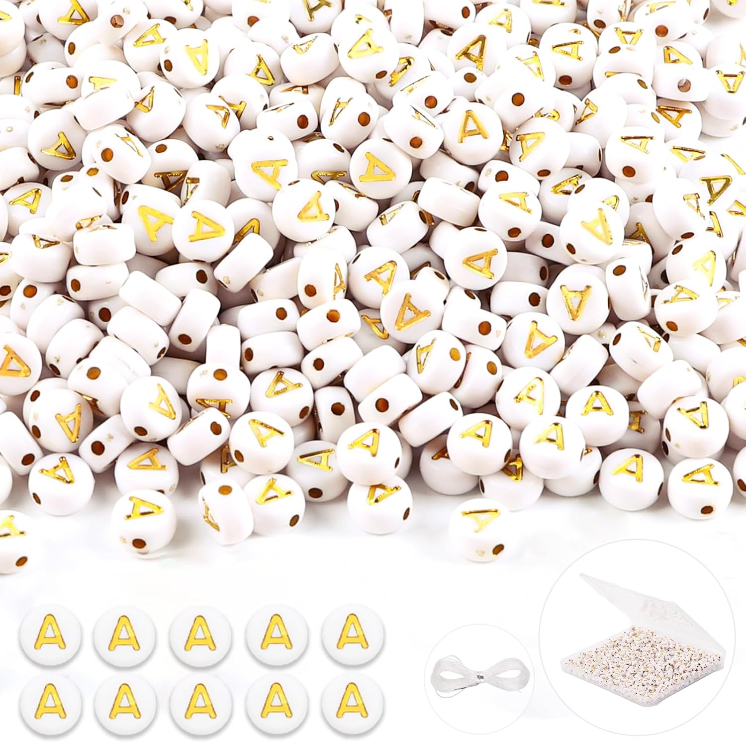 500 cuentas del alfabeto redondas de 0.157 x 0.27 pulgadas (0.157 x 0.276 in), cuentas de letras blancas doradas para pulseras, joyería,