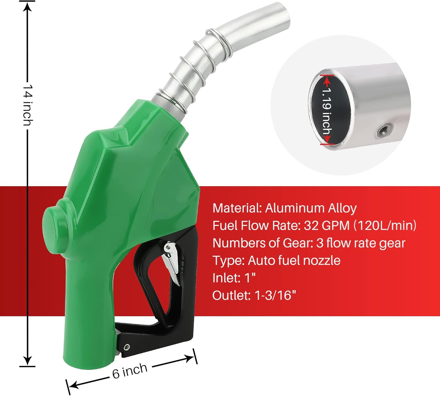 Boquilla de combustible automática de 1 pulgada  candado de 3 engranajes 32 GPM caudal máximo apagado automático de aleación de aluminio recarga